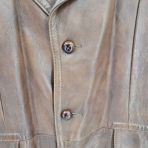 70s Leather Jacket Mottled Crackle Brown Duster Blazer Button Hippy Streetwear L - Picture 6 of 14